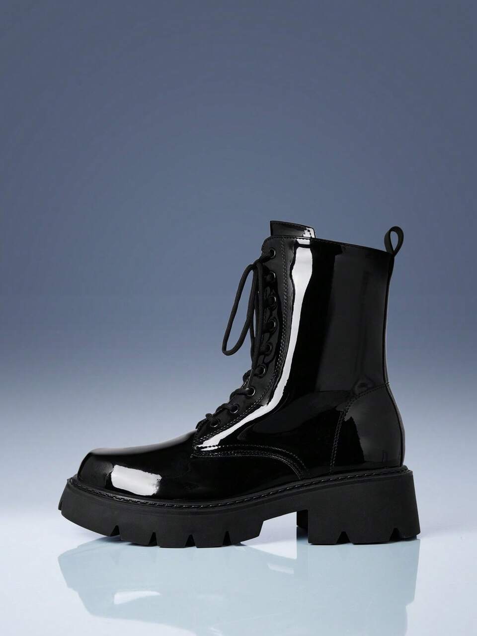 CUCCOO GRLICON Autumn And Winter Black Glossy Patent Leather Thick-Soled Medium Boots Women's Lace-Up Side Zipper Round Toe Heightening British Style Sweet Cool Fall Boots