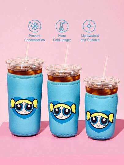 THE POWERPUFF GIRLS X SHEIN 1 قطعة حامل كوب قماش مطبوع لطيف، كم كوب من النيوبرين مادة عزل حراري، قابل لإعادة الاستخدام، ثلاثة أحجام S/M/L، مناسب لأكواب القهوة بأحجام أونصة مختلفة