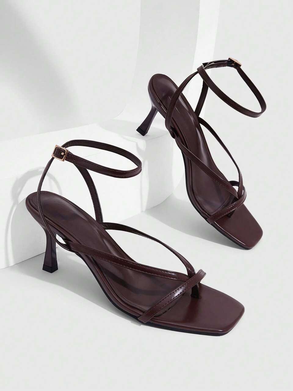 CUCCOO SZL Women's 7CM Square Toe Thong Dark Brown Cross Strap High Heel Sandals, Sexy Versatile Elegant Stiletto Heels Suitable For Daily Commute/Beach