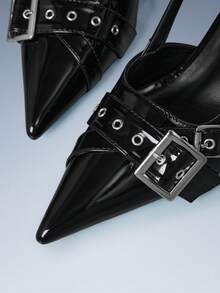 CUCCOO GRLICON Cross Strap Buckle Trim Back Strap Pointed Thick Heel Commuter Vacation Solid Color Black PU Leather Ladies High Heel Shoes Stickleback Party - Black - View 4