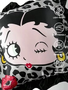 Betty Boop x SHEIN 1Pc Cute Cartoon Black Leopard Print Girl Pattern Pillow Cover, Black Ruffle Edge Design, Satin Material, Comfortable And Cool, Suitable For Spring And Summer Waist Pillows, Retro Bedding, Preferred For Gifts - Black - View 3