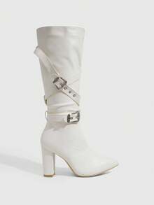 Daringsoles Women's Fashion Adjustable Buckle Chunky High Heel Knee-High Boots Fall Boots - White - View 4