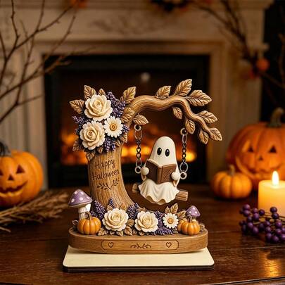1Pc 20cm Wooden Halloween Reading Tracker With Ghost Pumpkin Book Counter Pattern In Black Orange For Home Desktop Party Autumn Seasonal Decor Trending.