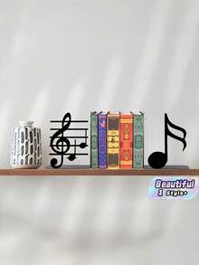2PCS For Sheet Music And Books Powder Coated Metal Non Slip Sturdy Durable Music Note Staff Pattern Bookends Home Office Library Decor Gift For Music Lovers Christmas Valentine Day Trending - View 1