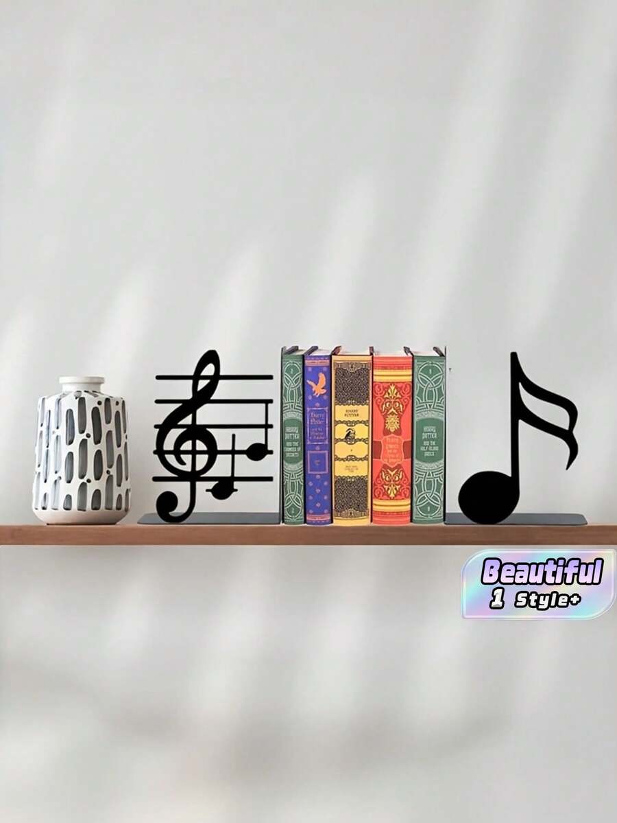 2PCS For Sheet Music And Books Powder Coated Metal Non Slip Sturdy Durable Music Note Staff Pattern Bookends Home Office Library Decor Gift For Music Lovers Christmas Valentine Day Trending - View 1