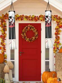 2PCS 39 Inch Halloween Skeleton Windsock Flag Outdoor Hanging Decoration Waterproof Weatherproof Black White Skull Yard Sign Garden Patio Lawn Path Party Decor Fall Autumn Halloween Decor Supplies Must Haves - Multicolor - View 9
