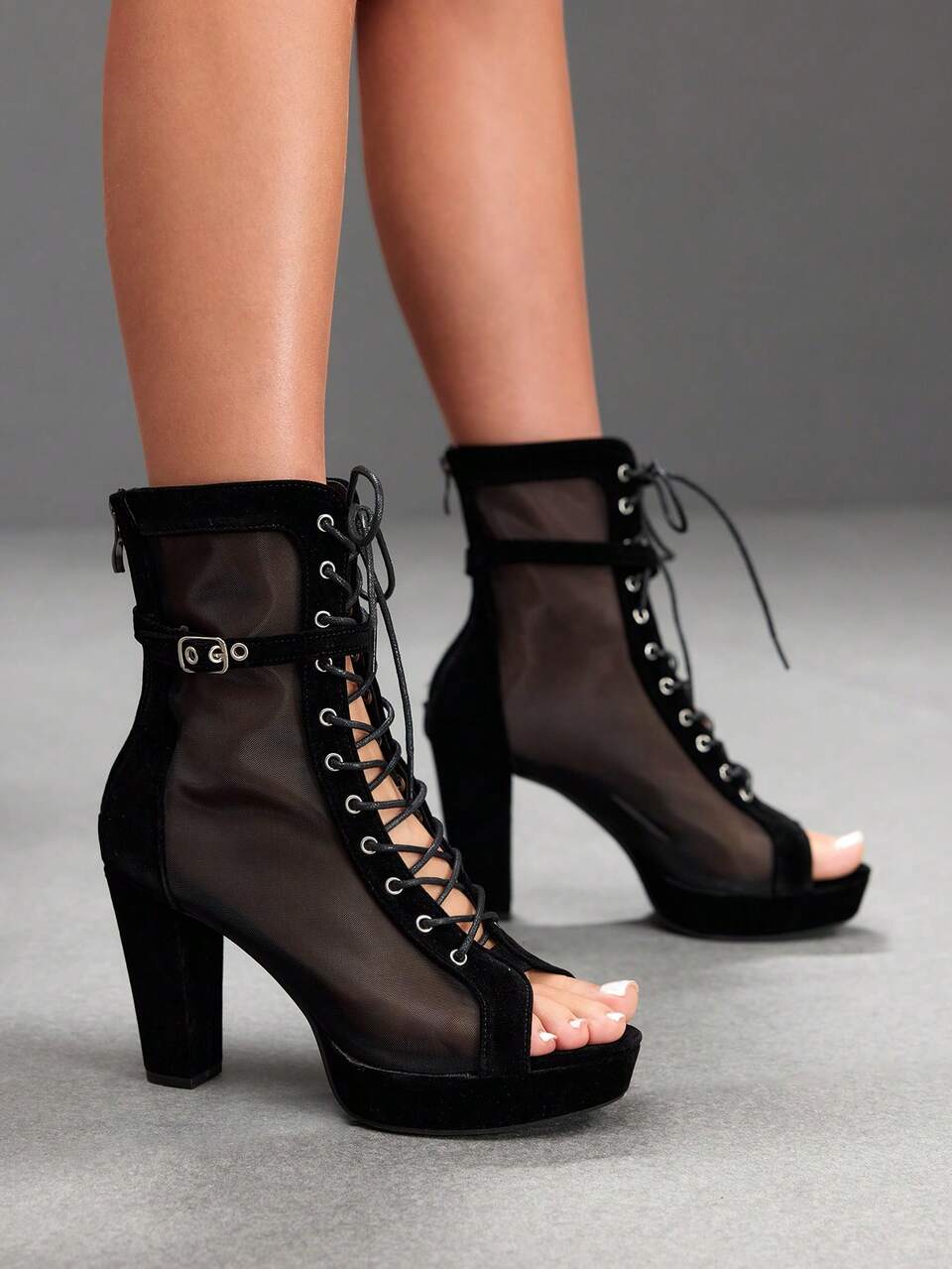 CUCCOO LuxiPop Black Mesh Peep Toe Sandals Fashion Ankle Boots Women Chunky Heel Thick Sole Lace-Up Buckle High Heel Punk Style Nightclub Dancing Boots