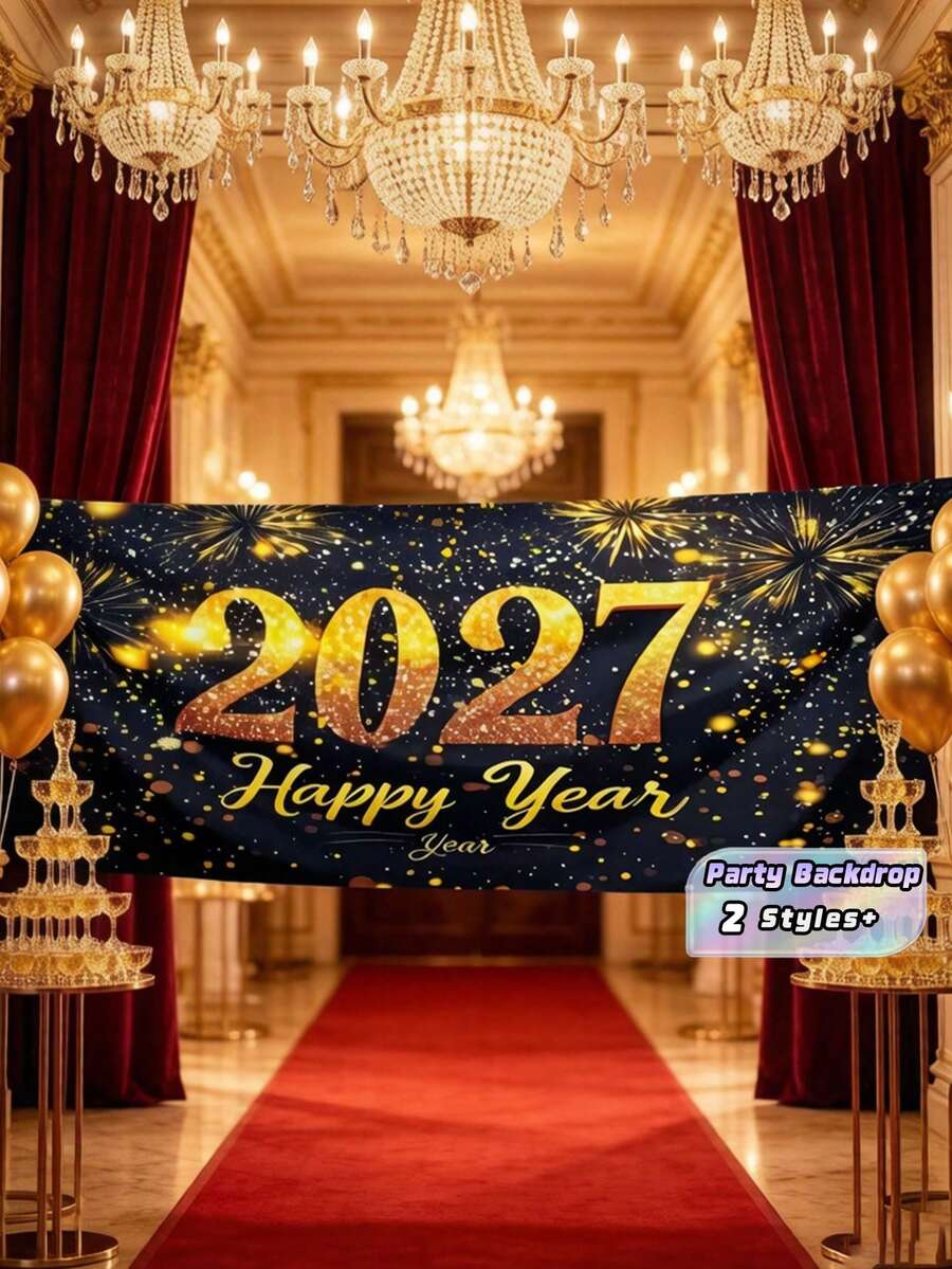 2026/2027 新年快樂橫幅 金色數位風 彩色紙碎派對背景布 黑白慶祝裝飾 多用途 室內外適用 居家辦公室婚禮 - 彩色 - 查看 1