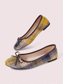 CUCCOO DOLLMOD Women's Plaid Ballet Flats, Round Toe Bow Slip-On Shoes, Retro College Style Daily Comfortable Commuting Women's Shoes - Yellow - View 3