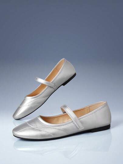 CUCCOO GRLICON Low Vamp Word With Round Toe Flat Bottom Y2K Silver PU Leather Women's Flat Bottom Shoes Outdoor Vacation