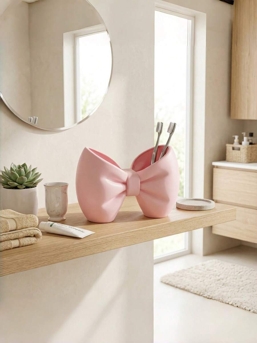 1PC Standard Size Plastic Freestanding Durable Lightweight No Installation Required Cute Bow Shape Multifunctional Toothbrush Holder Pen Organizer Display Rack For Bathroom Bedroom Desk Vanity Home Office Storage Decorative Accessory Gift - Multicolor - View 1