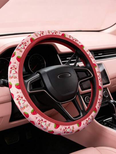 Strawberry Shortcake X SHEIN Cute Strawberry Pattern Steering Wheel Cover, 15-Inch Universal Non-Slip Elastic Car Steering Wheel Cover, Soft And Breathable Pink Strawberry Pattern Car Interior Accessories, Suitable For Women And Girls