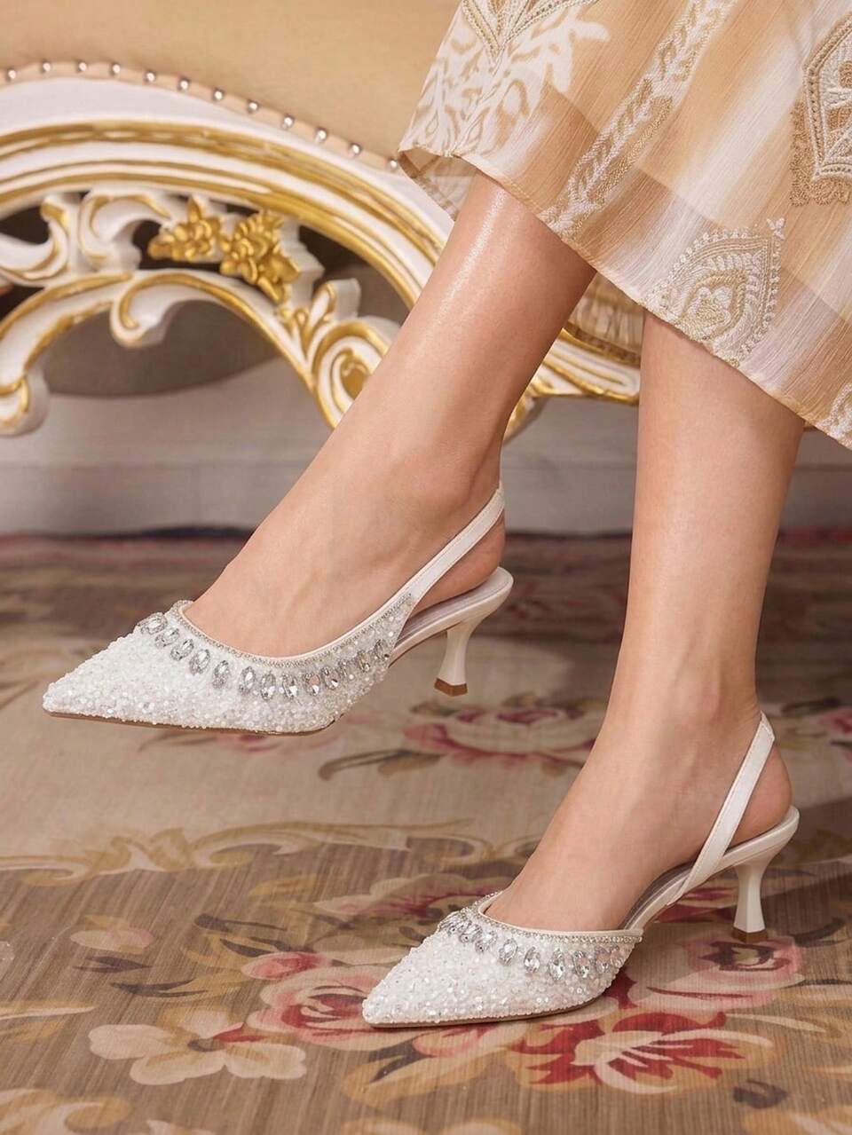 CUCCOO TILAWA Women Shoes Pointed Slender Heel White Full Diamond Sexy Fashion Gorgeous Banquet Party Women's High Heel Shoes Back Lift Slingback Shoes Fall Shoes
