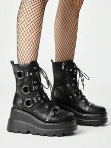 ROMWE Grunge Punk 女款高跟涼鞋 龐克厚底騎行靴 低跟哥德金屬帥氣機車靴 辣妹街頭靴 - 黑色 - 查看 5