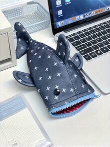1PC Large Capacity Durable Lightweight Portable Waterproof Tear Resistant Zippered Cute Playful Star Shark Pattern Coin Purse Pencil Case Stationery Organizer Bag For School Office Teens Students Back To School Gift Essentials Home Travel - Single Piece - View 2