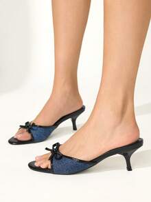 CUCCOO CHICEST 5.5CM可愛蝴蝶結女款牛仔黑細高跟涼鞋，時尚小貓跟日常派對度假通勤優雅女士高跟涼鞋 - 藍色 - 查看 2