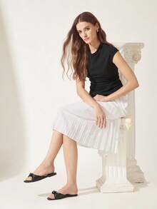CUCCOO CHICEST 女款軟皮褶皺扭結方頭平底室外拖鞋，黑色百搭不磨腳涼鞋 - 黑色 - 查看 13