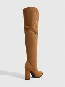 Daringsoles 2026 Autumn/Winter New Pointed Toe Thigh High Boots, Thick Heel Slim Fit Riding Boots With Belt Buckle Decor Fall Shoes - Yellow brown velvet - View 5