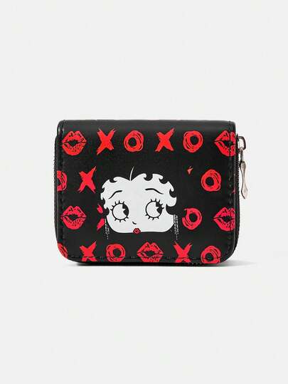 Betty Boop x SHEIN Gothic Betty Short Zipper Wallet, Red Lip Print Flower Strap Key Ring Card Bag Change Bag