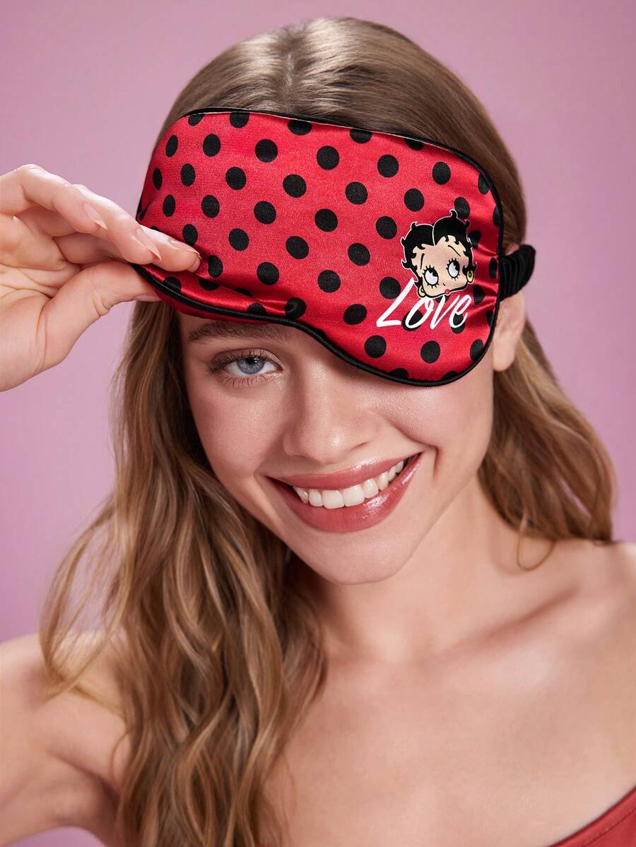 Betty Boop x SHEIN 1 Printed Eye Mask, Made Of Smooth Satin Fabric, High Shading, Luxurious And Fashionable Design, Suitable For Summer, Spring, Beach, Vacation And Other Occasions - Red - View 1