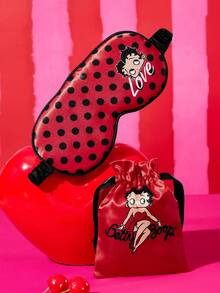 Betty Boop x SHEIN 1 Printed Eye Mask, Made Of Smooth Satin Fabric, High Shading, Luxurious And Fashionable Design, Suitable For Summer, Spring, Beach, Vacation And Other Occasions - Red - View 3