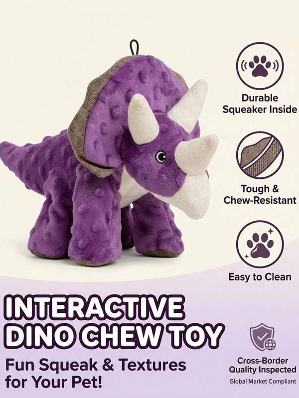PETSIN Juguete para perro Triceratops morado con silbato, juguete de masticar interactivo y duradero para perros medianos & grandes, juguete de peluche resistente a mordidas fuertes para juego interior & exterior, juguete de peluche suave para cachorros, excelente regalo interactivo para perros
