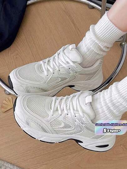 Sodalemon Nuevos Zapatos Deportivos Casuales para Mujer Estilo Preppy Zapatillas Gruesas Zapatillas Blancas Punta Redonda Cordones Malla Bicolor Transpirable Versátil Corte Profundo Estampado de Moda Graffiti Estilo Universitario Zapatos de Estudiante Zapatos para Senderismo al Aire Libre Zapatos Casuales Zapatos para Desplazamientos Correr