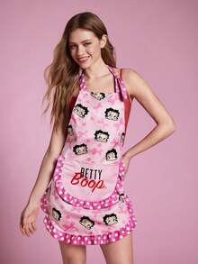 Betty Boop x SHEIN 1pc Cute Design Kitchen Apron, Baking Apron, Ruffle Bow Decor, Adorable Apron, S & M Two Sizes, Parent-Apron - Multicolor - View 4