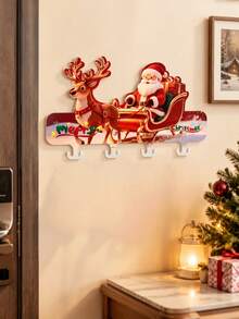 Santa Claus Reindeer Cartoon Wooden Hook No Drill Entryway Door Wall Decor Four Row Hanger Key Storage Rack Organizer Festive Holiday Home Party Xmas Decor Gift For Kids Adults Living Room Mantel Display - multicolor - View 6