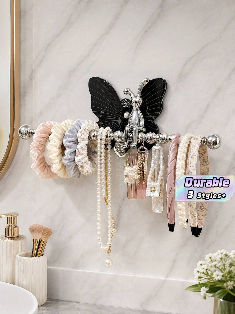 1Pc Decorative Butterfly Wall‑Mounted Storage, No‑Drill Self‑Adhesive, Beaded Towel Rack With Rhinestone & Non‑Rhinestone Hooks, Silver Acrylic Bathroom Vanity Organizer For Hairbands, Scrunchies And Towel Hanging - With rabbit - View 1