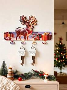Santa Claus Reindeer Cartoon Wooden Hook No Drill Entryway Door Wall Decor Four Row Hanger Key Storage Rack Organizer Festive Holiday Home Party Xmas Decor Gift For Kids Adults Living Room Mantel Display - multicolor - View 2