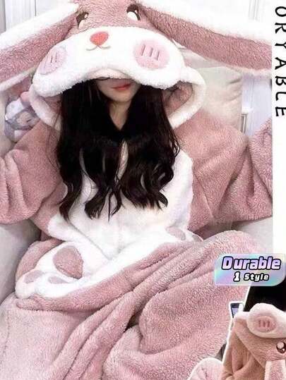 1 buc. Pijama de pluș cu glugă și urechi lungi de iepuraș, drăguț, întregă, roșie, cu dungi tip candy, broderie cu fundă, îmbrăcăminte de somn termică din fleece moale și pufos, pijamale kawaii călduroase de casă pentru toamnă și iarnă