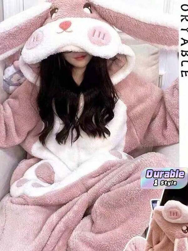 1pc Cute Long Bunny Ear Hooded Plush One-Piece Pajamas – Red Candy Stripe Bow Embroidery Full Body Sleepwear, Soft Fluffy Fleece Thermal Loungewear, Kawaii Warm Home Pajamas For Autumn Winter