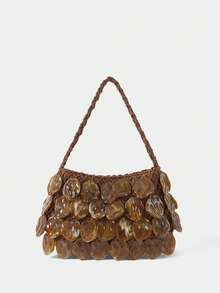 SHECARRY Ladies Fashionable Elegant Simple Handmade Irregular Leaves Hanging Leaves Rhombus Grid Ladies Handbag, Party Dating Banquet - Brown - View 3