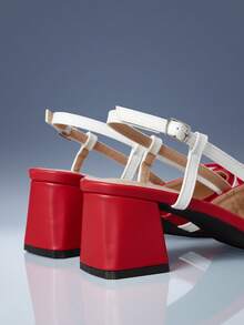 CUCCOO GRLICON Color Matching Strap Design Pointed Toe Thick Heel Commuter Vacation Red Suede White PU Leather Women's High Heel Shoes Slingbacks Party - Red and white color matching - View 5