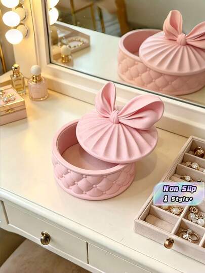 1PC Standard Size 3D Printed Plastic Durable Lightweight Non Slip Scratch Resistant Quilted Lid Cute Pink Bowknot Pattern Jewelry Box Trinket Organizer For Rings Earrings Necklace Beads Desktop Vanity Storage Display Case Gift For Women Girls
