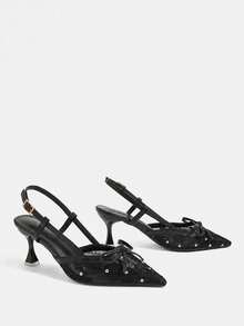 CUCCOO TILAWA Pointed Toe Breathable Mesh Hollow Bow Backless Fashionable Versatile Sexy Fairy Party Commute Black High Heels - Black - View 8