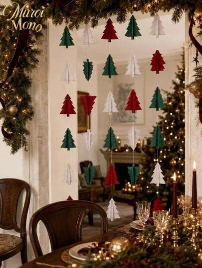 Muroi Mono 1 pièce Bannière à tirer rouge, blanche et verte de Noël, guirlande en papier 3D de sapin de Noël de 13,12 pieds, guirlande en papier suspendue pour décorations de fête de Noël à la maison