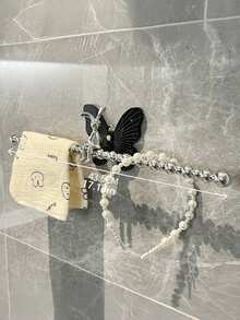 1Pc Decorative Butterfly Wall‑Mounted Storage, No‑Drill Self‑Adhesive, Beaded Towel Rack With Rhinestone & Non‑Rhinestone Hooks, Silver Acrylic Bathroom Vanity Organizer For Hairbands, Scrunchies And Towel Hanging - With rabbit - View 4