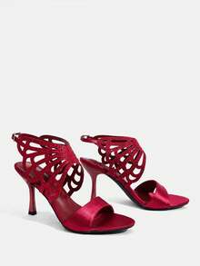 CUCCOO TILAWA Burgundy Satin Hollow Rhinestone Stiletto Sandals, Women's Light Luxury Rear Strap Buckle Open-Toed High Heels - Burgundy - View 10