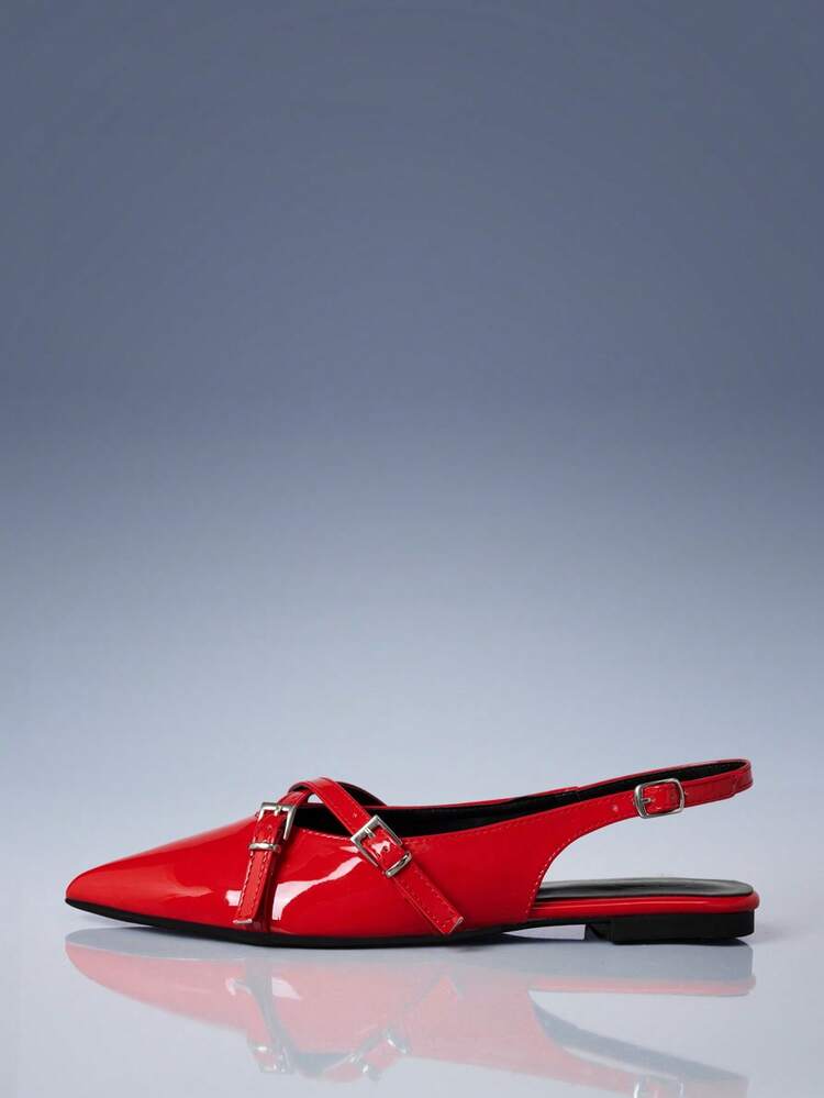 CUCCOO GRLICON Women's Red PU Leather Shiny Cross Strap Pointed Toe Flat Casual Commuter Shoes For Office And Outdoor - Red - View 2