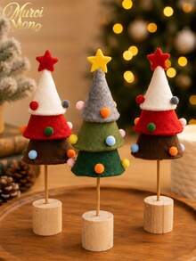 Muroi Mono Dekorasi Meja Pohon Natal dari Kain Felt, Pohon Mini Pom Pom Warna-warni dengan Alas Kayu, Ornamen Liburan Buatan Tangan yang Lucu untuk Rumah, Kantor, Meja, Rak & Dekorasi Pesta Natal - Beraneka warna - View 3