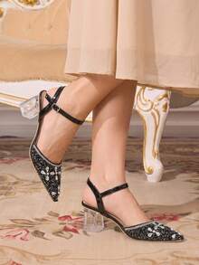CUCCOO TILAWA Ladies' Fashionable And Elegant Pointed Crystal Heel, Rhinestone Pointed Laser Lace, Women's High-Heeled Shoes, Suitable For Banquets, Parties Fall Shoes - Black - View 8