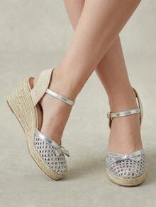 Styleloop Sandalias de moda para mujer con suela gruesa, cuerda de cáñamo, punta redonda y hebilla, estilo resort - Plateado - Ver 4