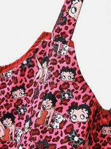 Betty Boop x SHEIN 1件大容量印花圖案單肩手提包，適用於露營、海灘、旅行、購物、學校、工作等場合 - 多色-豹紋粉 - 查看 3
