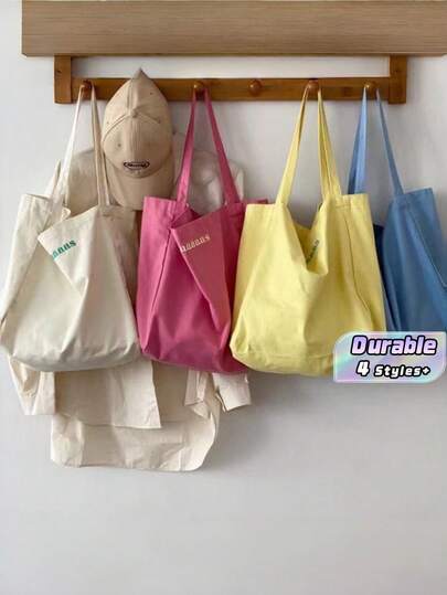 Ladies Solid Color Canvas Shopping Bag Lightweight Reusable Shoulder Tote Purse