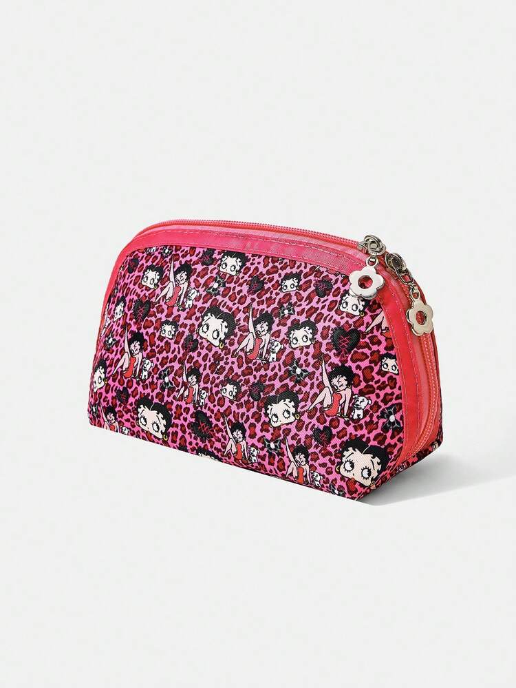 Betty Boop x SHEIN 1 Cartoon Pattern Cosmetic Bag, Portable Zipper Cosmetic Storage Bag, Multi-Functional Finishing Bag, Lightweight Travel Bag - Multicolor - Pink Leopard - View 2