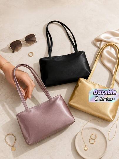 Glänzende Mini-Baguette-Tasche für den Unterarm, schlichte einfarbige kleine Schultertasche, tragbare Abend- und Alltagshandtasche für Damen