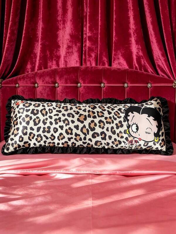Betty Boop x SHEIN 1 Pieza Funda de Almohada con Estampado de Leopardo de Dibujos Animados Lindo Patrón de Niña, Diseño de Borde de Hoja de Loto Negro, Material de Satén, Cómoda y Fresca, Adecuada para Almohadas de Cintura de Primavera y Verano, Ropa de Cama Retro, Preferida para Regalos