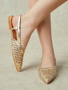 Styleloop Ladies Pointed Real Woven Splicing Daily Travel Casual Versatile Fashion Sandals Flat - Gold 1 - View 11